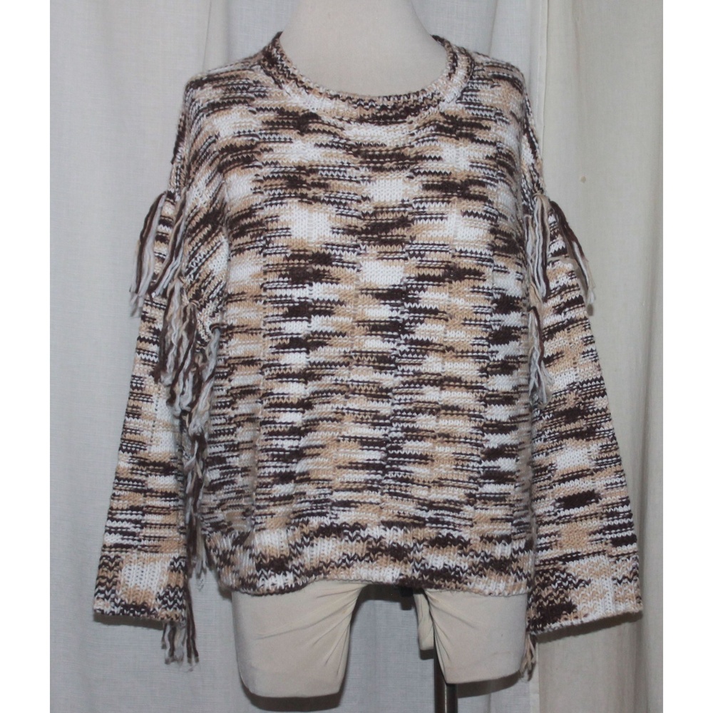 Net 153 Brown & Ivory Crochet Fringe Crop Sweater Size M/L